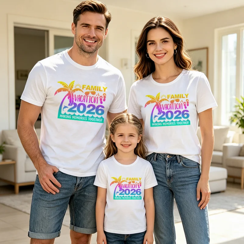 2026 Familien-Urlaubs-Partnerlook T-Shirt mit Tropischer Palmen-Grafik Kurzarm-Shirts für Eltern und Kinder Familien-Look Strand Reise – Detail 4