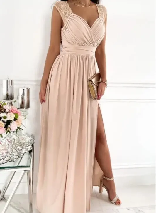 

Women's Solid Color Sleeveless Suspender V-neck Lace Backless Hem Slit Dress 2024 Summer