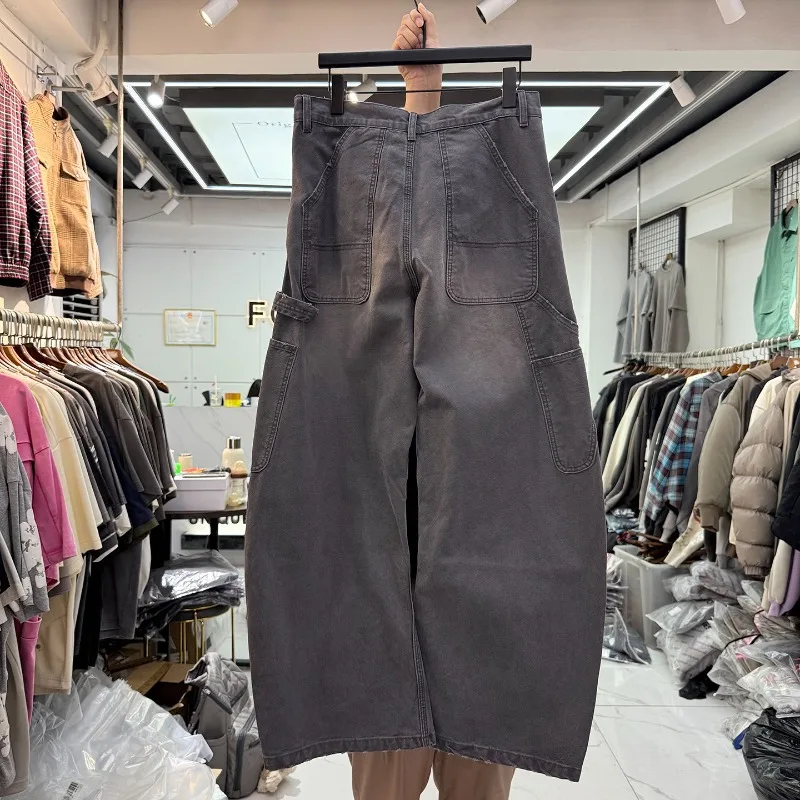 Gewassen noodlijdende gebogen wijde pijpen broek heren dames high street grijze abrikoos losse casual jeans herfst winter denim broek