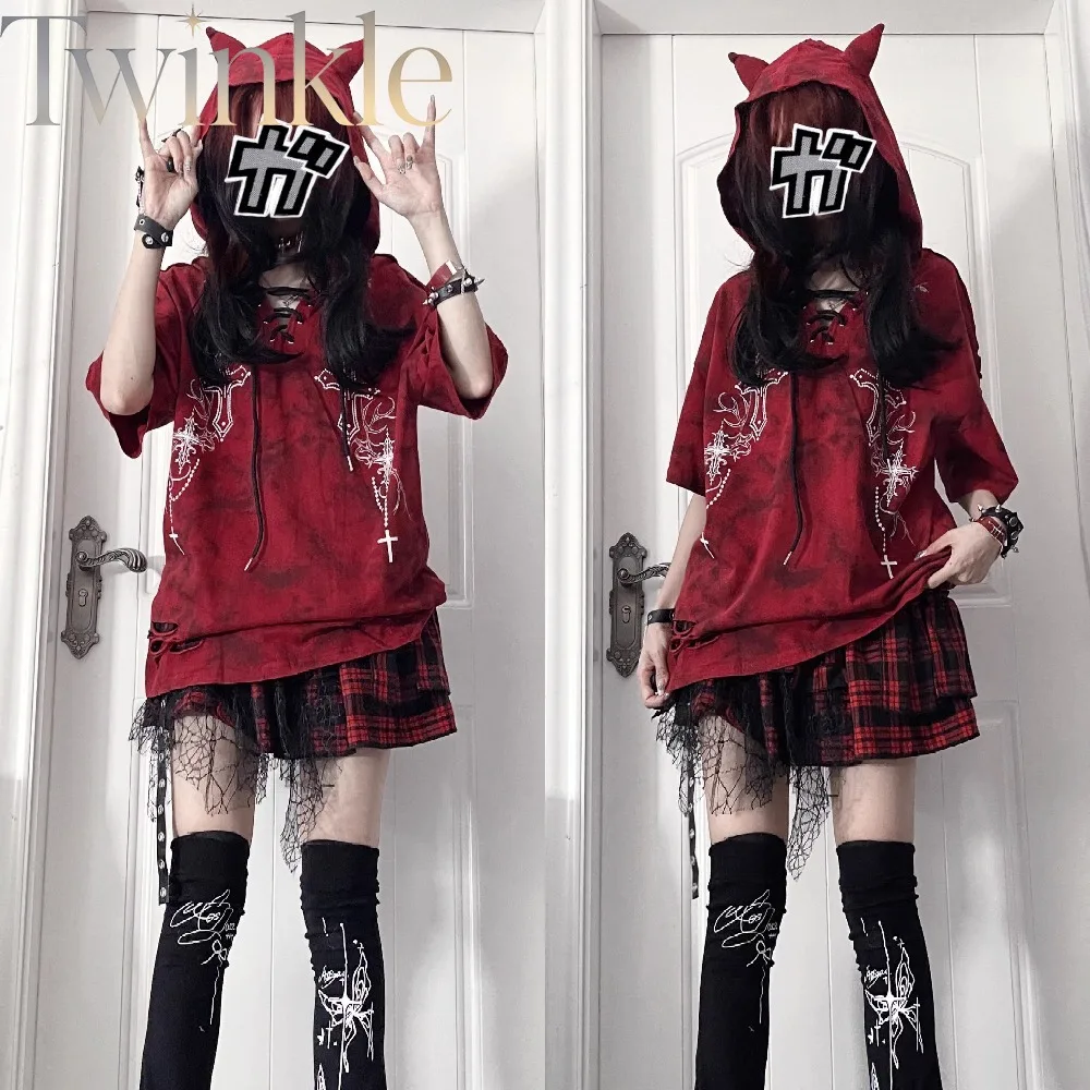 Oversized Graphic Tee Dark Goth Streetwear Tie Dye Hooded Short Sleeve Pullover Top Alternative Fashion