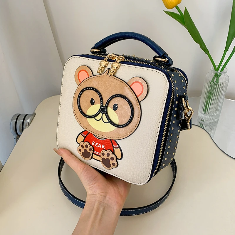 

BeiBaoBao Brand HI-Q Rivet Lady Messenger Hand bag Exquisite Women's Shoulder Bag Square Box Cute Bear Crossbody Bags For Women