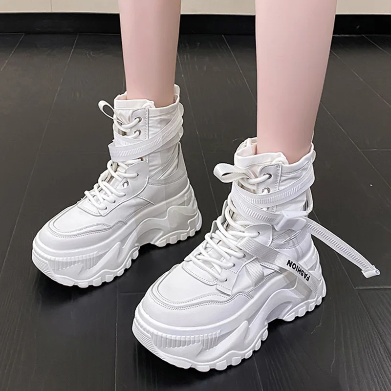 Fashion Thick Sole Motorcycle Boots Women Autumn Winter Chunky Platform Ankle Boots Woman Breathable Lace-Up Combat Botas Mujer