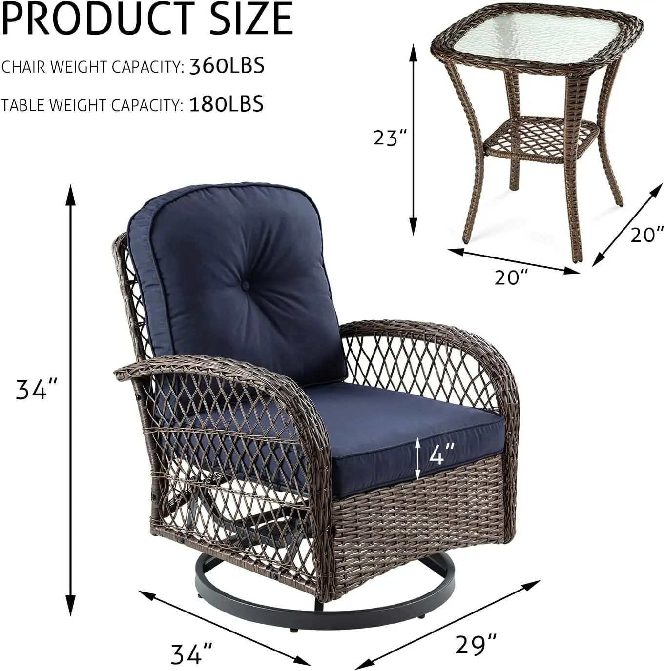 3 Pieces Patio Furniture Set, Outdoor Swivel Glider Rocker, Wicker Patio Bistro Set with Rocking Chair, Cushions and