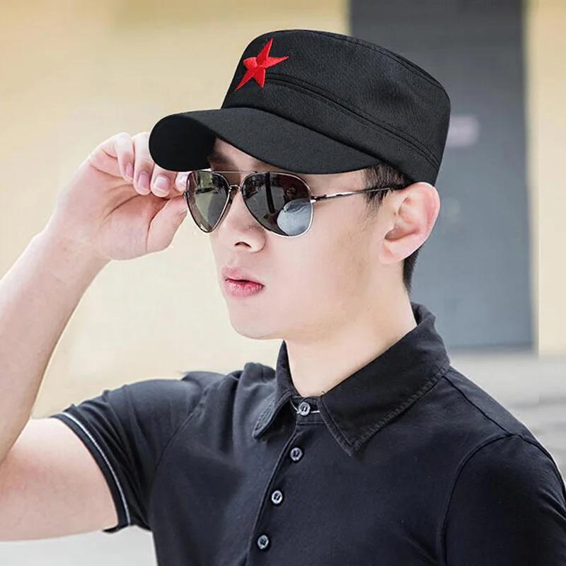 Red star  Washed Cotton Flat Top Hat Adjustable Fisher Military Caps Men Women Cadet Army Cap Unique Design Vintage Four Seasons