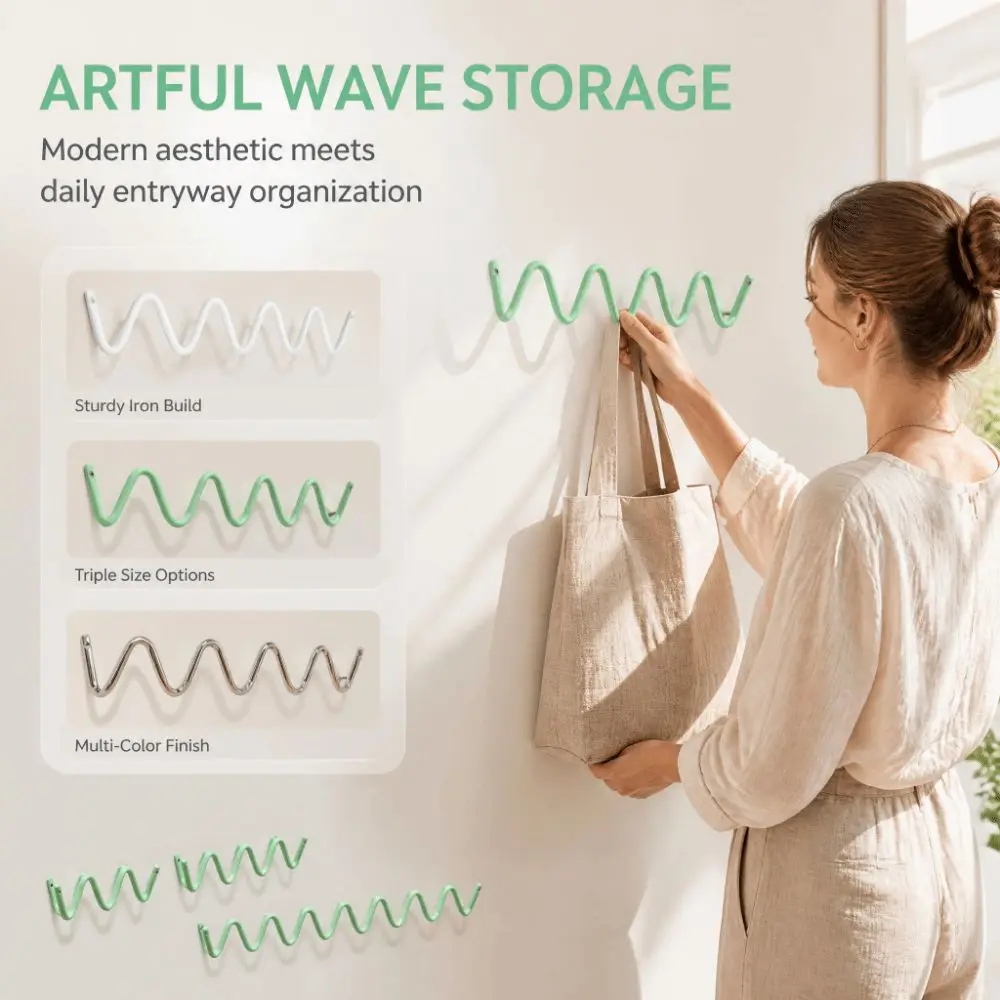 3/4/5 Hooks Metal Wall Hook Wavy Shape Waterproof Door Back Clothes Hook Moisture-proof Minimalist Background Decorative Hook