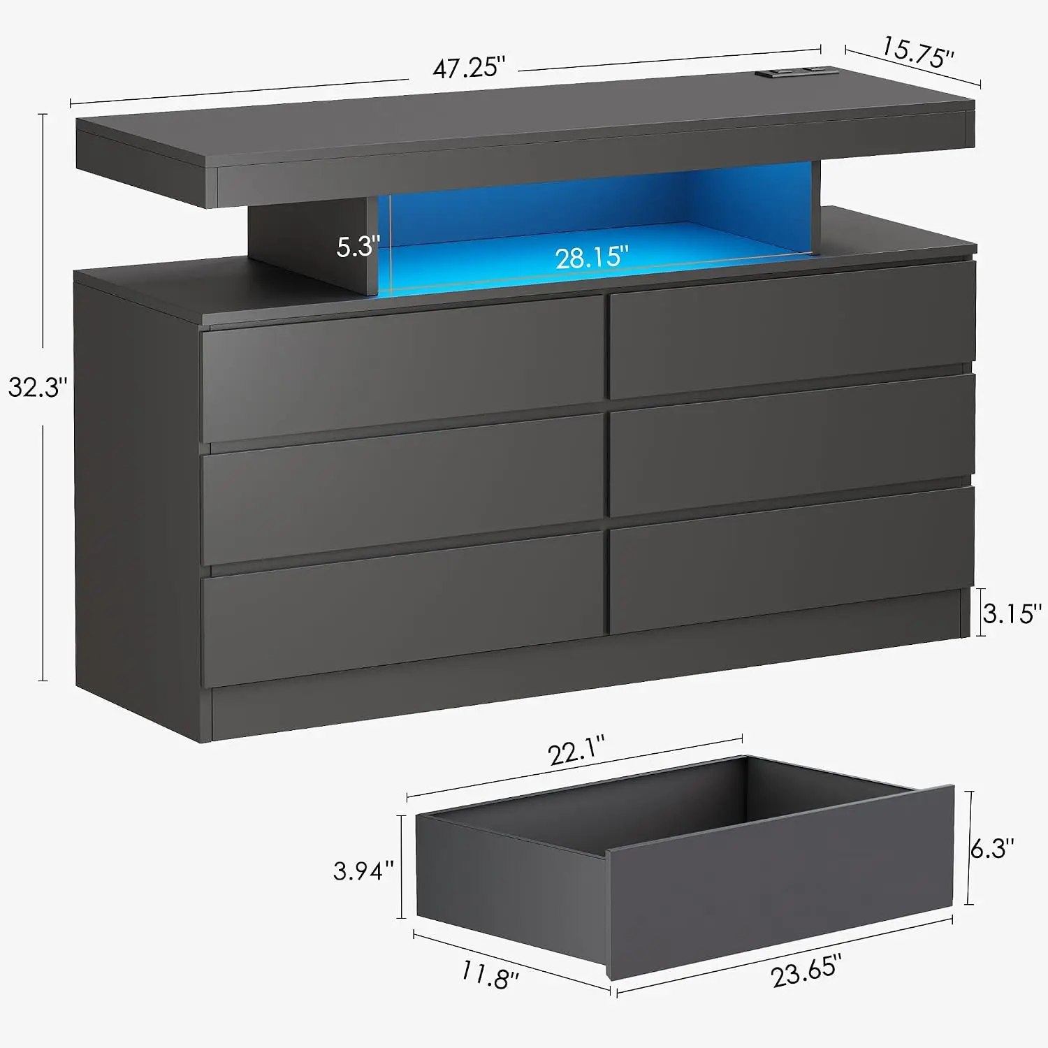 Dresser with Charging Station & LED Lights Bedroom Storage Furniture 5 Drawers, Customized