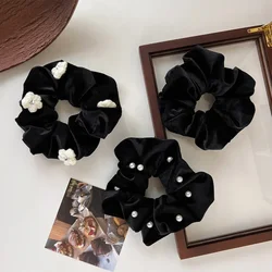Retro Black Velvet Pearl Rope Hair Headband Flowers Hairband For Woman Temperament Hair Ties Rubber Band Female Hair Accessories