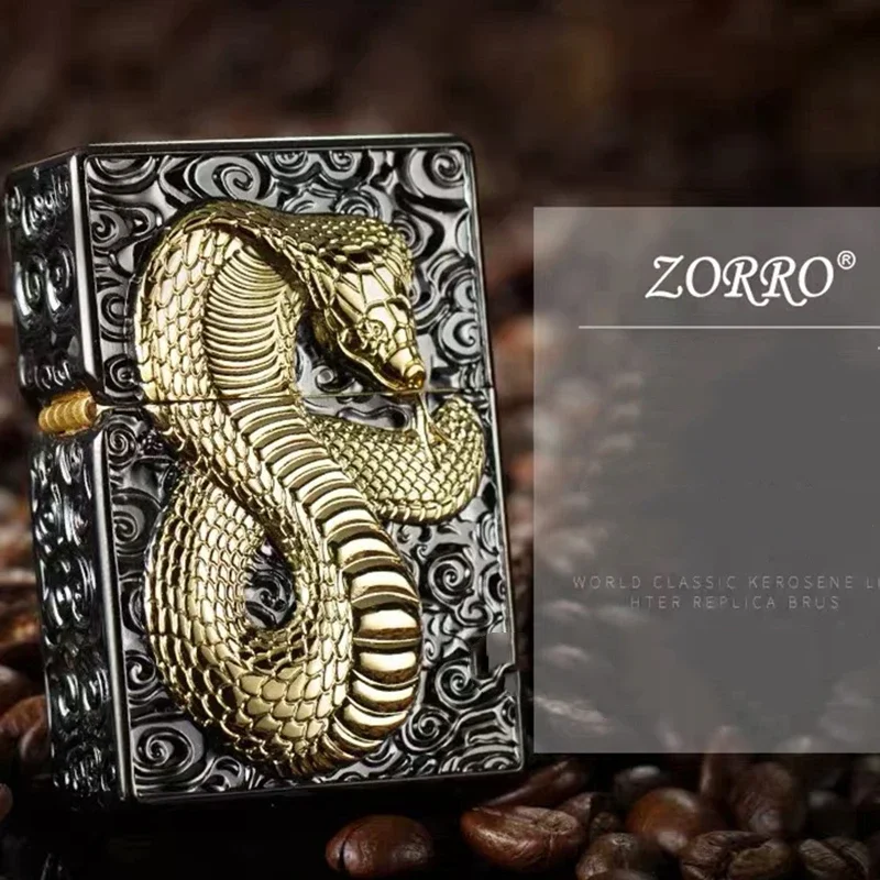 Metal Embossed Pure Copper Gasoline Lighter Heavy Duty King Cobra Snake Kerosene Lighter Cigarette Smoking Gift Men's Gadgets