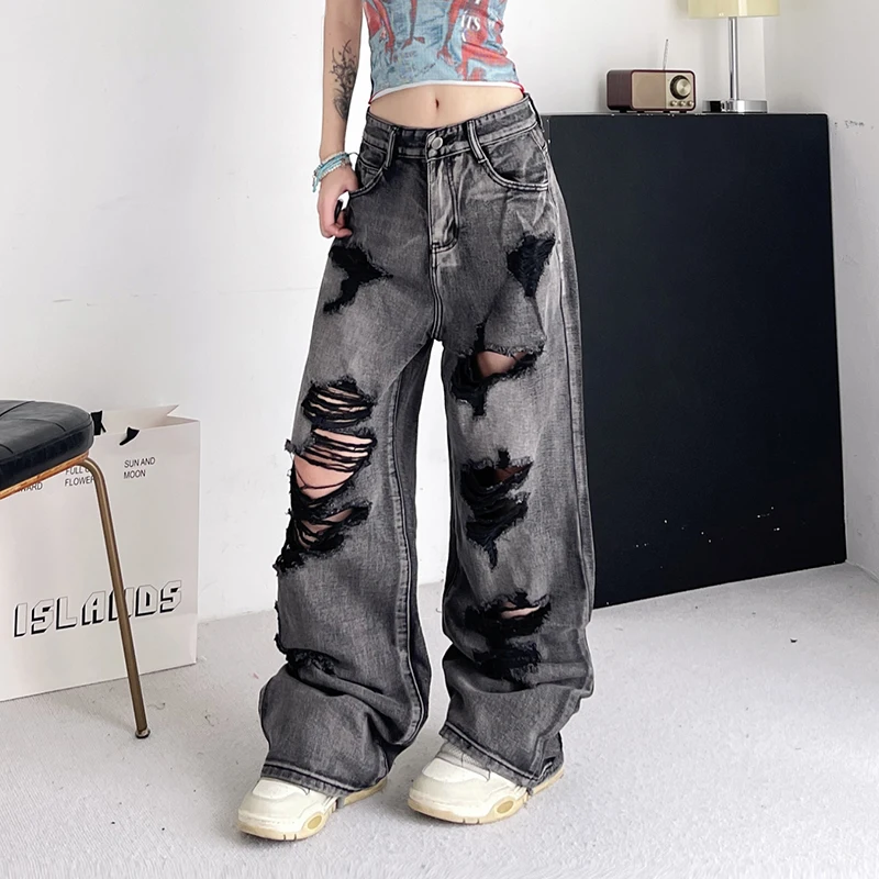 Y2K Holes Hollow Out Ripped Tassel Jeans Women Retro Loose Casual Wide Leg High Waist Gothic Pants Fashion Washed Denim Pants