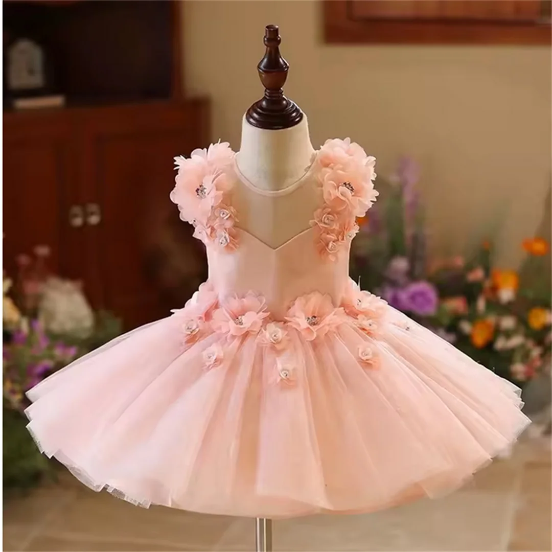 

Elegant Pink Girl Dress with Handmade Flowers Princess Toddler Kids Wedding 1st Birthday Pageant Party Ball Gown