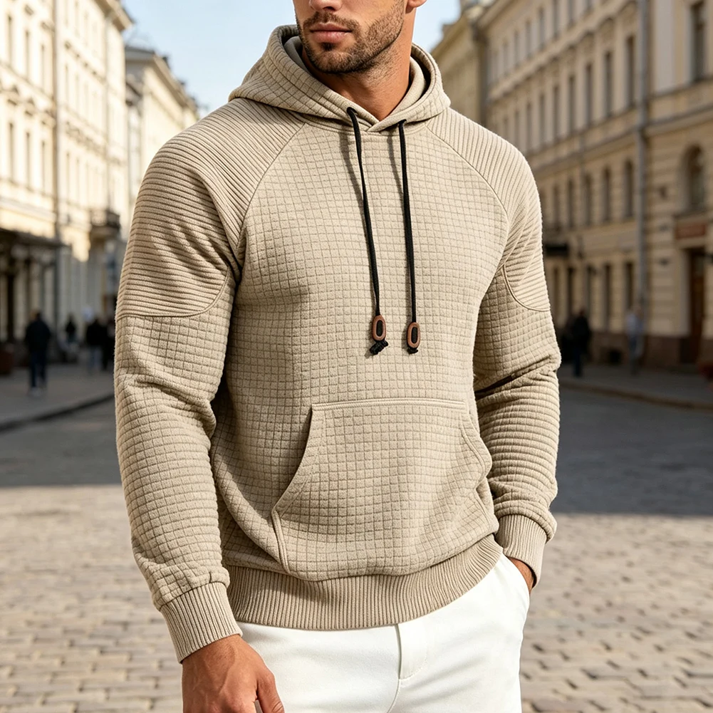 Men's Solid Color Waffle Knit Hooded Sweatshirt with Long Sleeves and Regular Length for Casual Summer Wear and Exercise