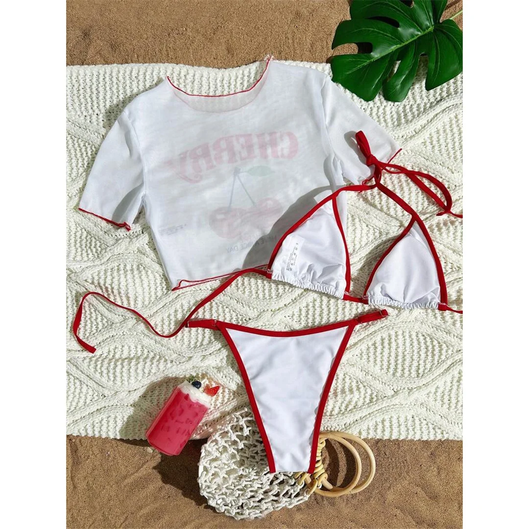 S - XL, 13 Farben, bedrucktes, dreiteiliges Bikini-Set, Bikini mit kurzen Ärmeln, Damen-Badeanzug, Damen-Badebekleidung, Badeanzug, Badebekleidung, Modell V6854G. – Detail 30