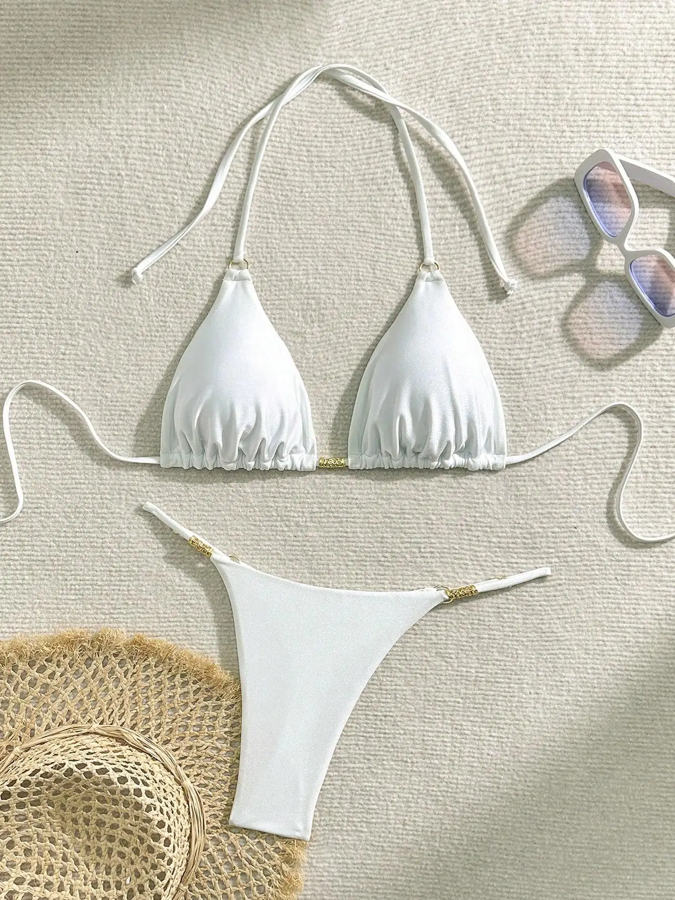 2025, elegantes Streifen-Stoff-Bikini-Set für Damen, sexy, schlicht, solide, Neckholder-Bikini-Badeanzug, hohe Taille, Schnürung, Strand-Badeanzug, Neu