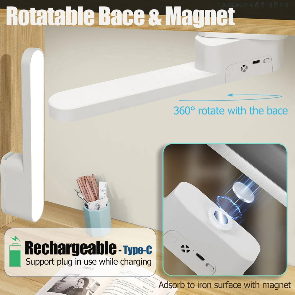 LED Table Lamp Magnetic Hanging USB Rechargeable Desk Lamp 3 Color Reading Light Touch Control Wireless Cabinet Night Light