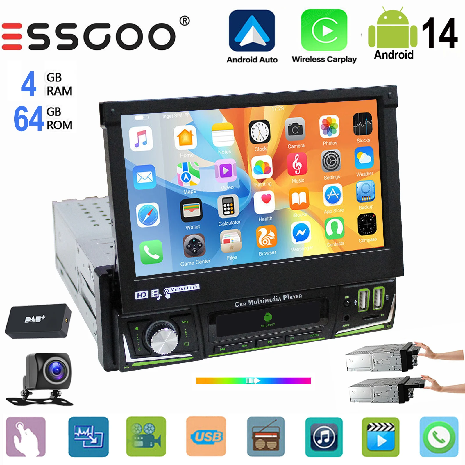 

ESSGOO 1 din Car Radio Carplay Android Auto Universal 7" IPS Retractable Screen GPS Nav BT FM Multimedia Video Player Android 14