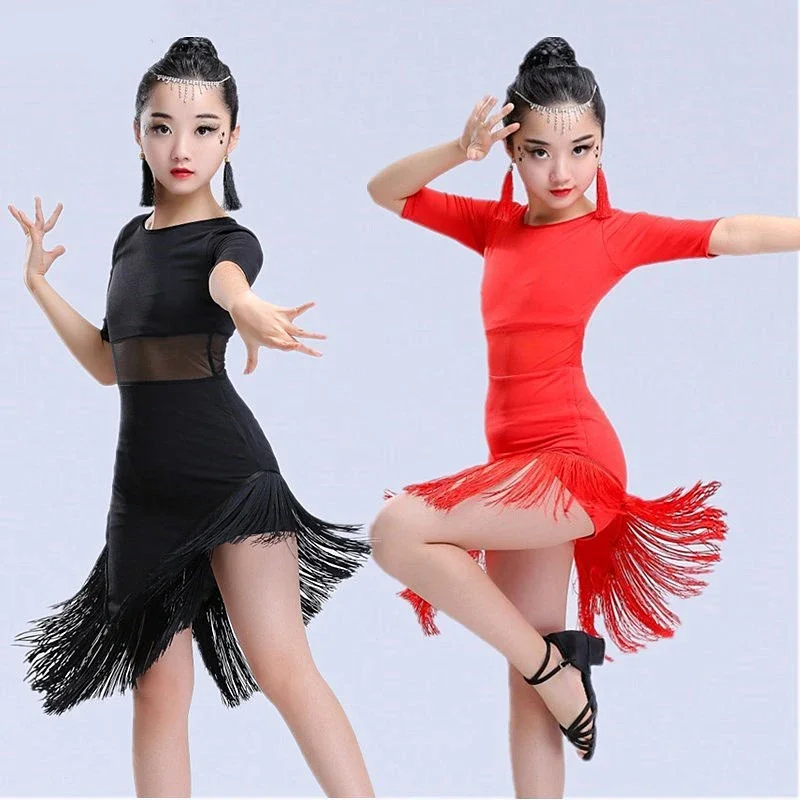 Nuovi bambini bambino ragazze vestito da ballo latino frangia abiti da ballo latino costume salsa nero rosso sala da ballo abiti da tango in vendita PA411