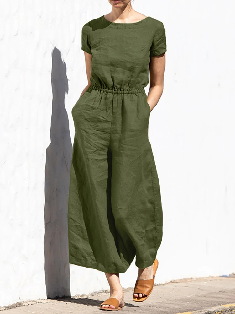 Sleeveless Retro Femme Cotton Linen Pants Women Casual Elastic Waist Jumpsuits with Pockets Summer Streetwear Thin Loose Rompers