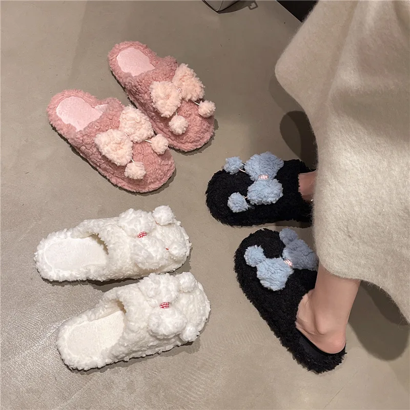 

Hot Selling Women's Plush Bow Cotton Slipper Autumn Winter Indoor Outdoor Soft Sole Shoes Women Comfortable Casual House Slides