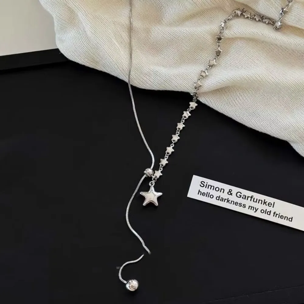 Fashion Silver Star Pendant Long Length Tassel Detail Snake Chain Pendant Style Asymmetrical Design Sweater Chain Unisex