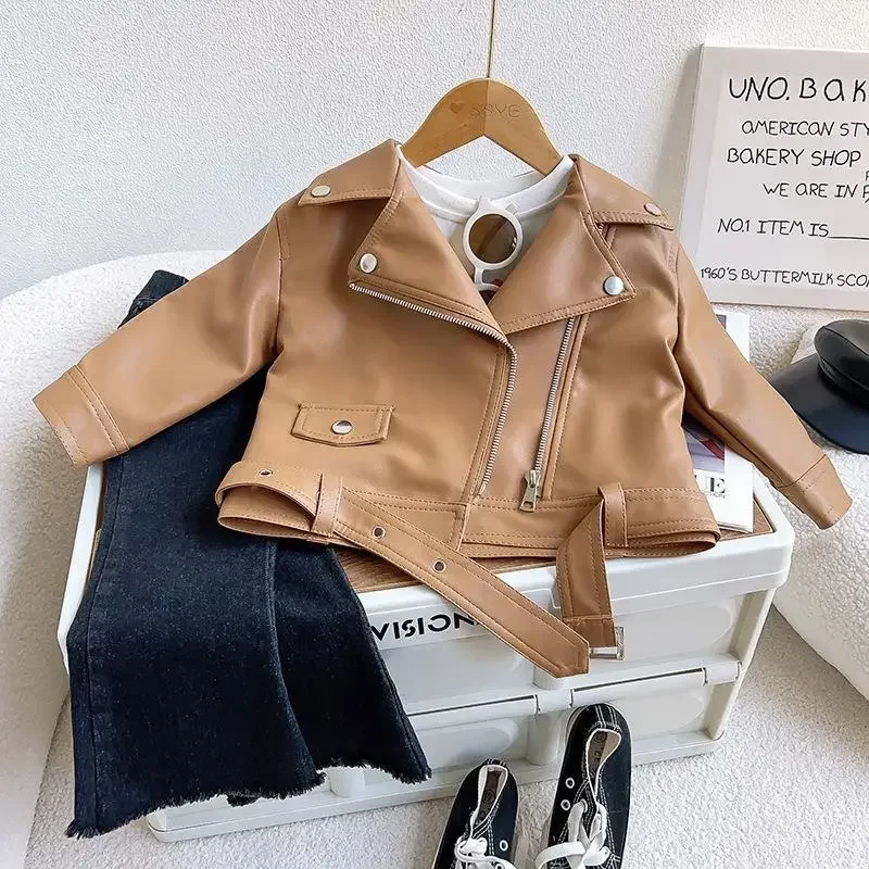 Girls Faux Leather Elegant Zipper Basic Jacket Boys Outwear Solid Slim Long Sleeve Turn-down Collar Toddler Short Coat XMP43