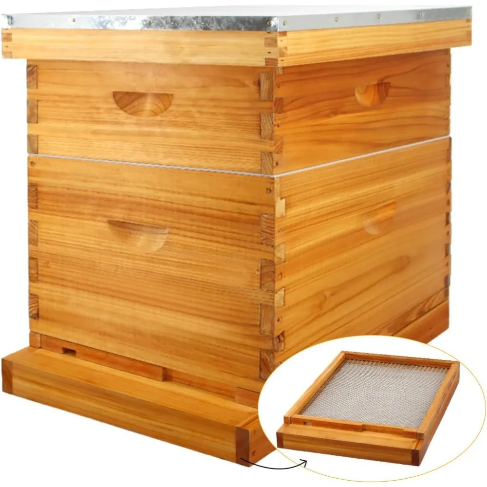 

10 Frame Screened Bottom Board Beehive Dipped in 100% Beeswax, Bee Hives Kit Includes 1 Deep Boxes & 1 Medium Box with Beehive