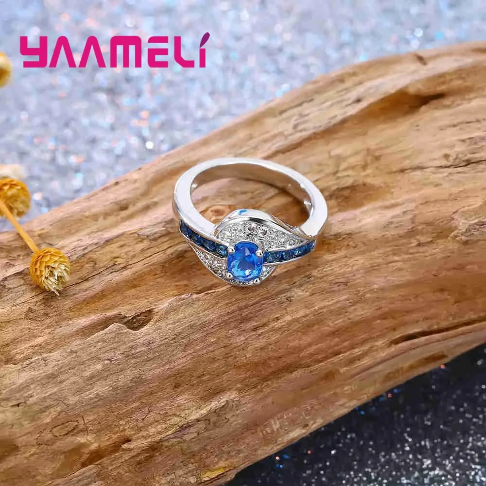 Pure 925 Silver Finger Ring For Women Girls Brillant Clear Blue Crystal Gifst Anel Anillo For Women Girls Wholesale Reta