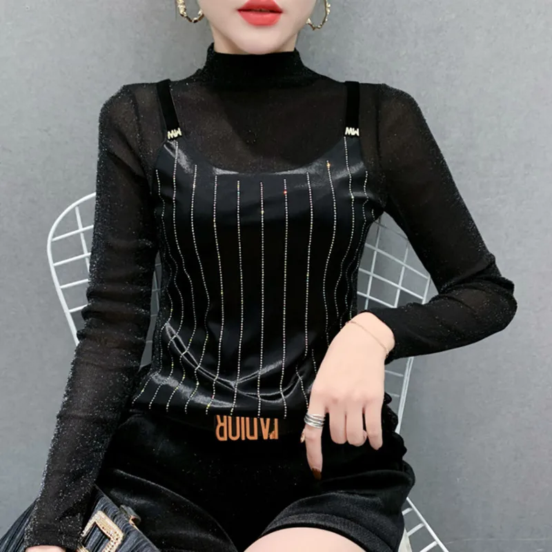 #8104 Spring Autumn Black False Two Piece T Shirt Women Turtleneck Sexy Spliced Mesh Long Sleeve Women\'s T Shirt Femme Diamonds