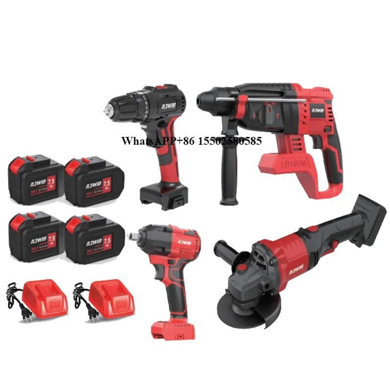 

NAWIN RTS 4 Pcs Cordless Brushless Electric Hammer Drill Angle Grinder Wrench Combination Power Multi Tools Kits