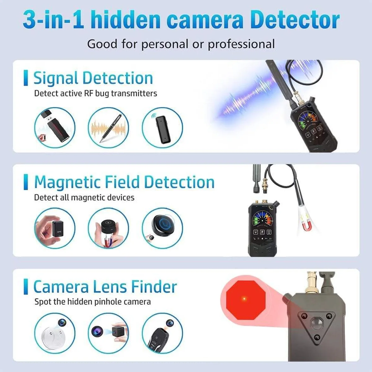 Versteckter Kamera- und Magnet-Tracker-Detektor, 3-in-1 für Privatsphäre, Sicherheit in verschiedenen Szenarien, Anti-Spionage-Gadgets, Tag-Detektor