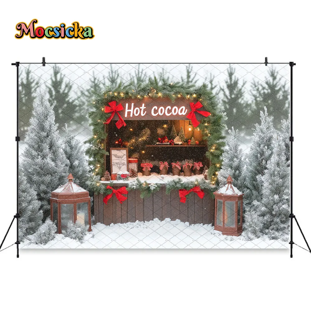 Mocsicka Christmas Hot Cocoa Cart Background Photography Winter Snowy Pine Forest Snowflake Backdrop New Year Kids Outdoor Photo
