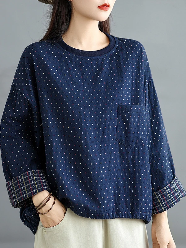 Retro Color Woven Dot round Ne Sweatirt T-irt Women's Spring Autumn plus Size Cotton Double Layered irt