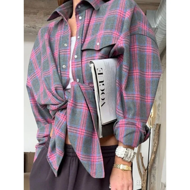 Women's Pink & Grey Plaid Flannel Shirt Button Down, Long Sleeve, Casual Streetwear Blouse for Layering