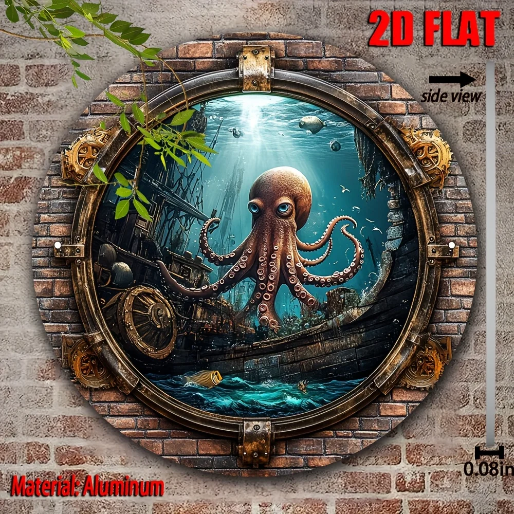2D Flat, 1pc Underwater World Metal Wall Art Sign - 19.99x19.99 cm Aluminum Octopus & Shipwreck Decor with Vibrant 2D Flat Print