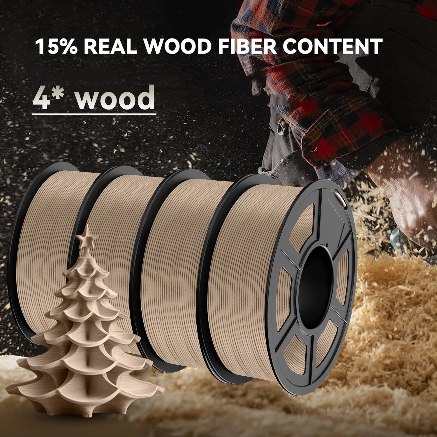 JAYO 3D-Holz-PLA-Drucker-Filament, 1,75 mm, 15 % Echtholzfasern, Maßgenauigkeit +/- 0,02 mm, passend für die meisten FDM-3D-Drucker, 4 Rollen