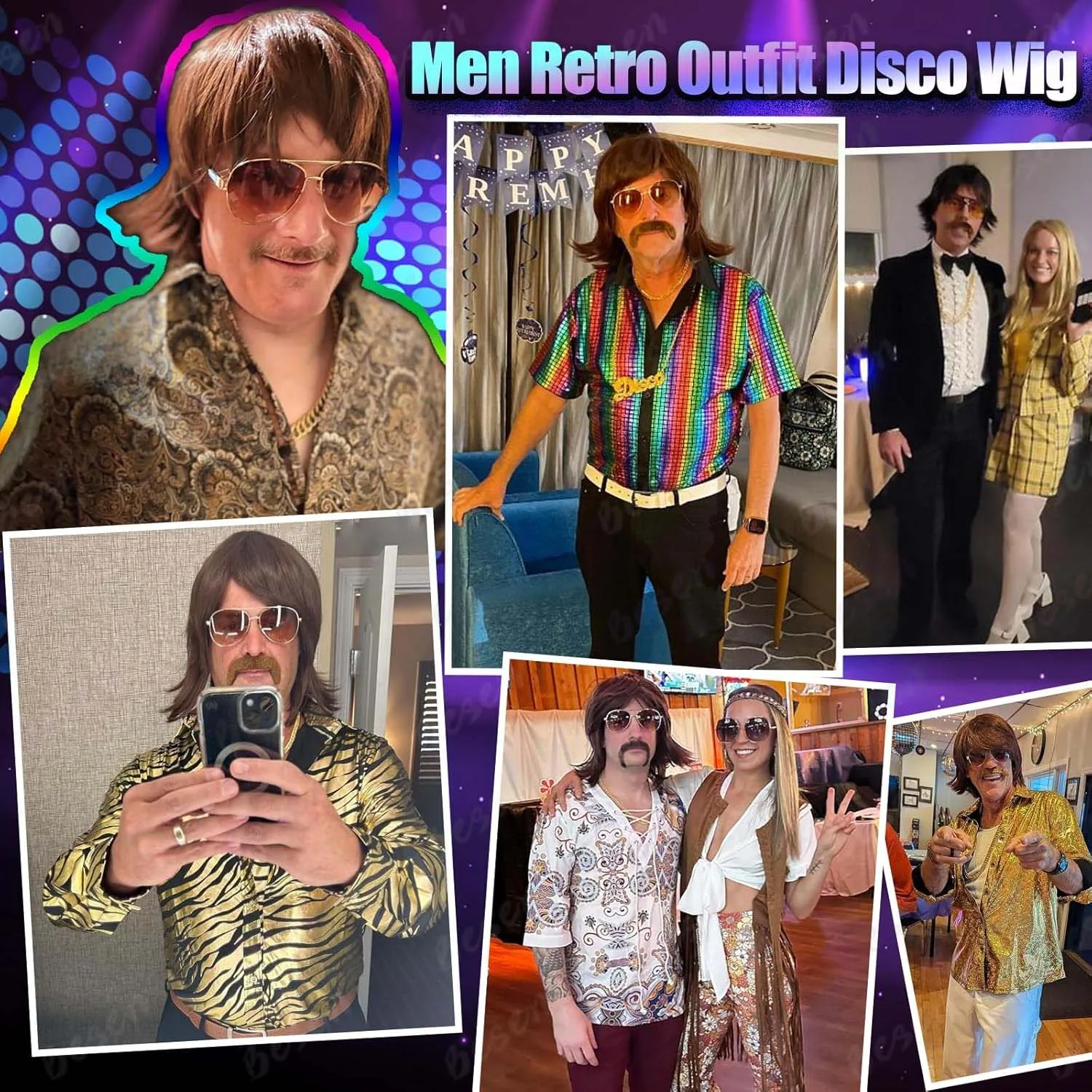 Synthetic 70s 80s Disco Wig+Mustache Glasses Golden Chain Mens Short Brown Funny Mullet Wigs for Party Hippies Rocker Singer