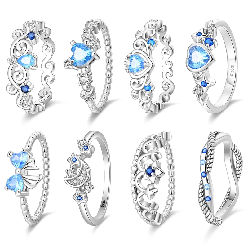 Fashion new 925 sterling silver blue zirconia bow star river love crown ring ladies fine engagement wedding party jewelry gift