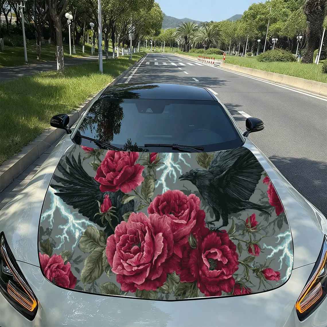 

Red Rose Crow Gothic Retro PVC Car Hood Wraps, Self-Adhesive Waterproof Car Bonnet Decal Sticker, Car Decoration Protection Stic