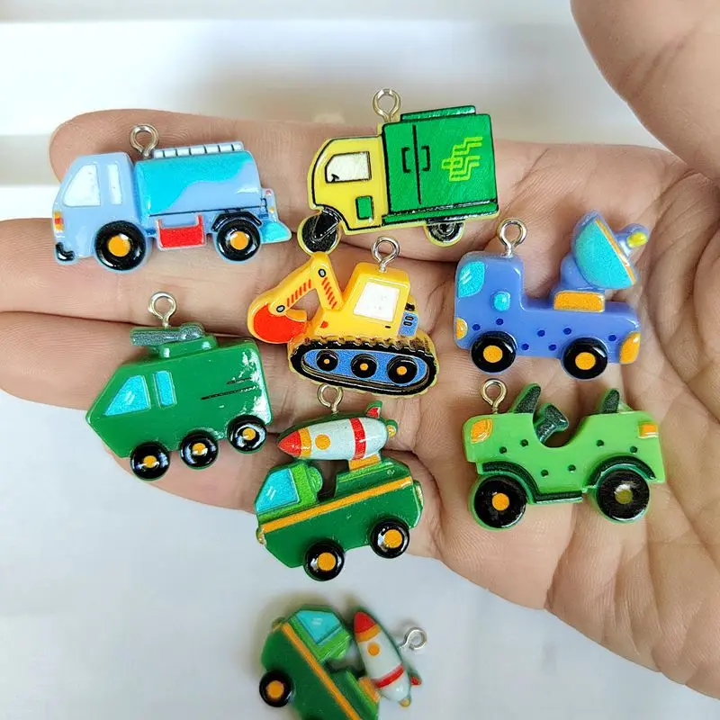 10PCS Cartoon Toy Car Resin Flat-back Shiny Pendant Excavator Missile DIY Necklace Bracelet Keychain Decorative Accessories S065