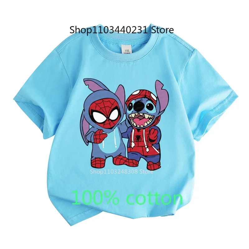 Summer Children 100% Cotton Fashion Clothes Tops Stitch Cartoon Anime Round Neck Short-sleeved T-shirt Boys Girls Toddler 2-15Y