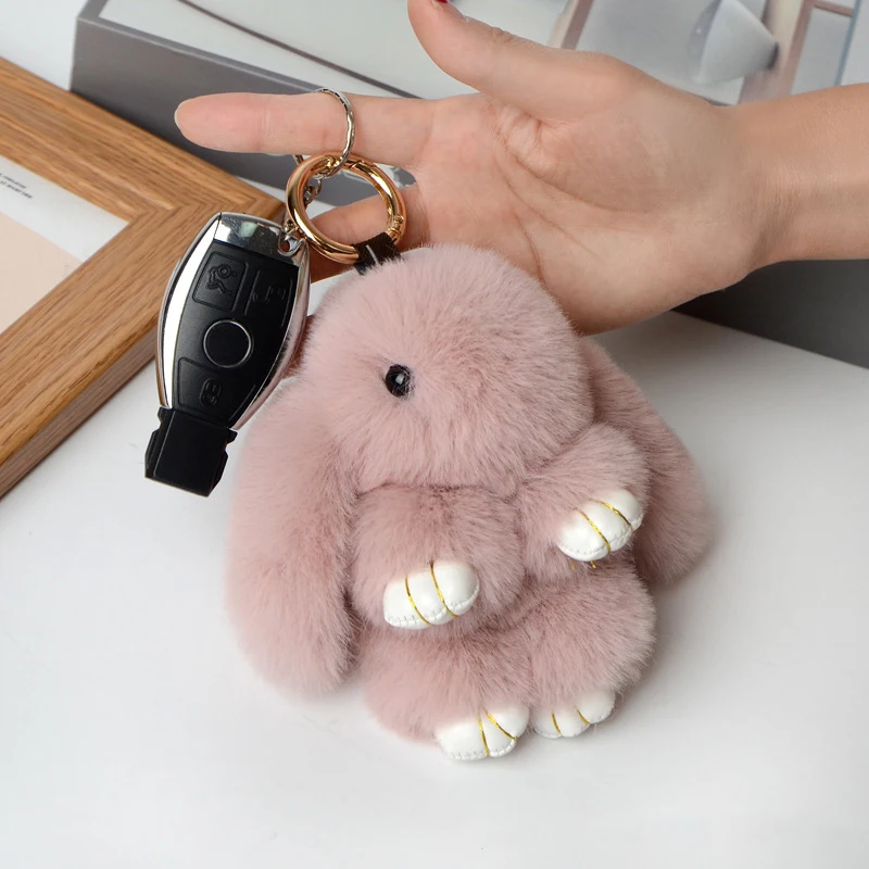 Rabbit Keychain Ring Fluffy Real Fur Pompon Bunny Trinket Key Chain Charm Cute Key Ring On Bag Car Key Pendant