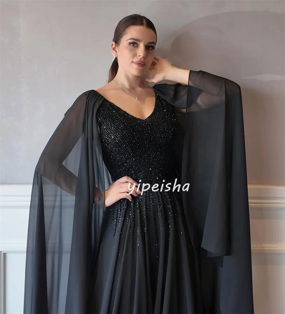 تخصيص جودة عالية كلاسيكي الشيفون الديكور مستقيم الخامس الرقبة فساتين طويلة مخصص فساتين المناسبات الأحجام المتاحة مطابقة