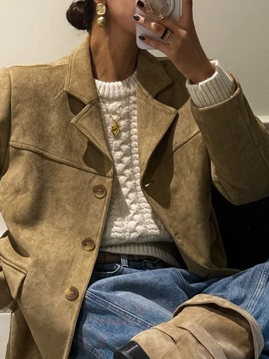 سترة نسائية كلاسيكية أنيقة من جلد الغزال فضفاضة ومتعددة الاستخدامات ذات ملمس راقي بدلة Jaet American Sle بطول عادي وزر للإغلاق