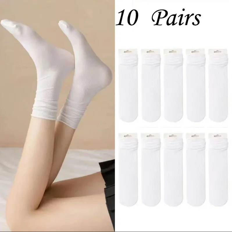 10 Pairs Solid Color Women's Socks Summer Thin Ice Socks Middle Tube Pile Socks Stockings Combination Style