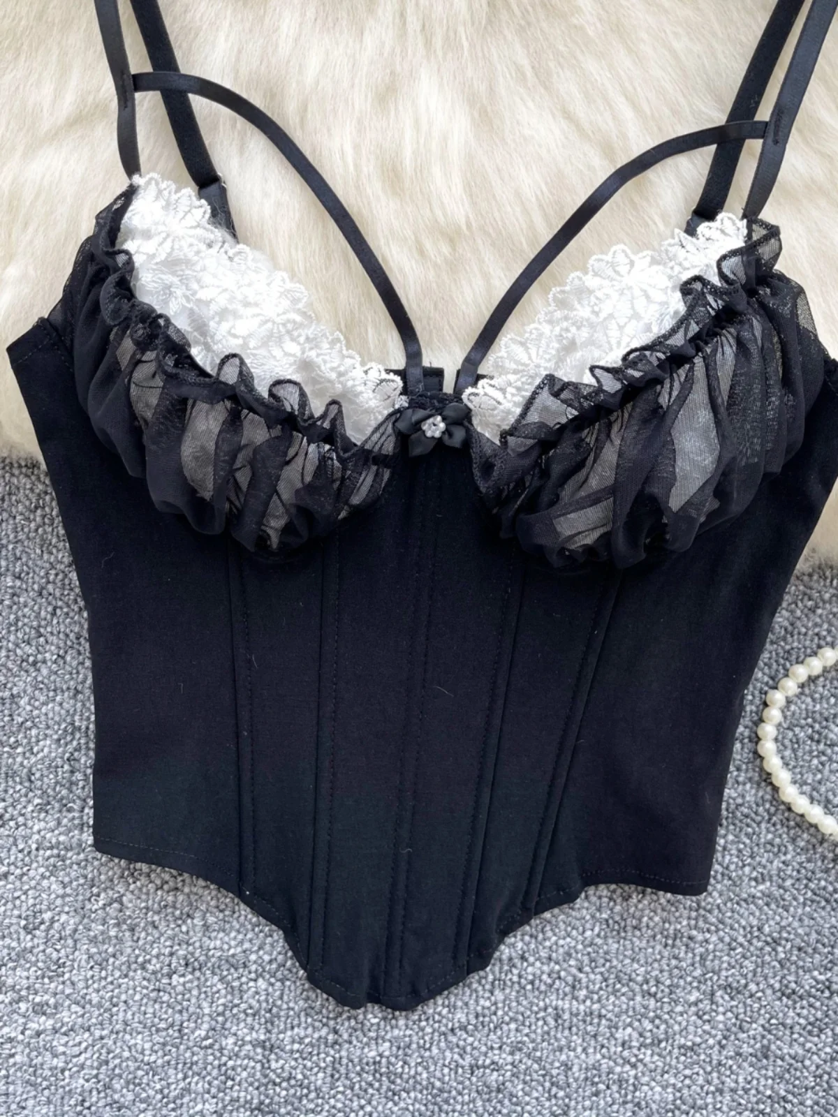 

Sweet Lace Splice Slimming Crop Top Women's Belted Strap Vest Court Sle Commute Faion Regular Length Summer Outerwear