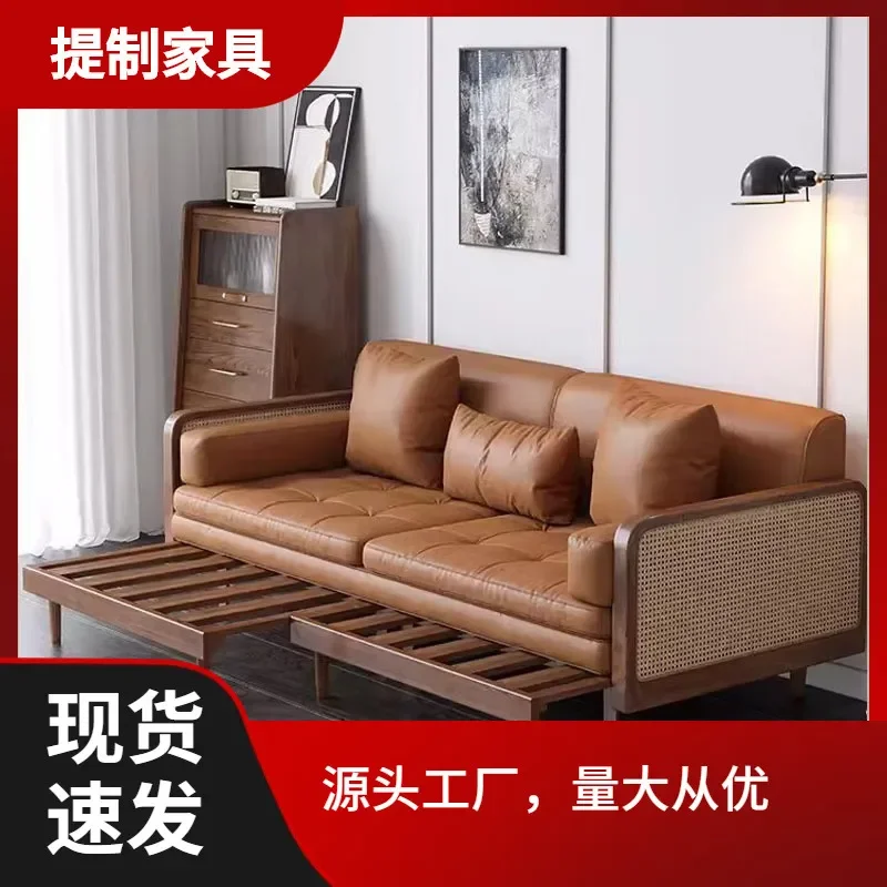 For Nordic Solid Wood Sofa Bed Foldable 3 Seater Small Apartment Living Room Multi Functional Simple Dual Purpose Retractable