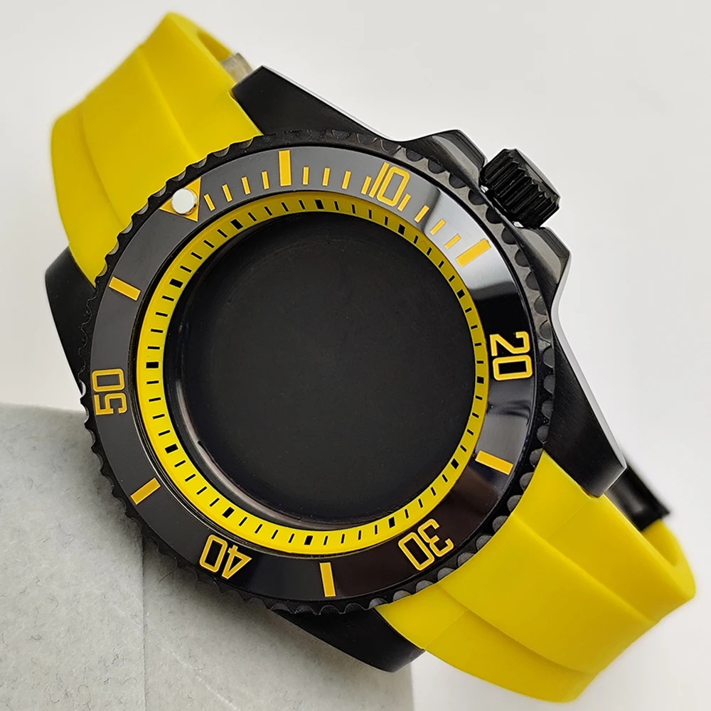 High-Quality GMT Silvery Black Case Yellow Inner Ring 40.5mm Watch Men Case FIT NH34 NH35 NH36 Movement/Dial Automtaic Watch Box