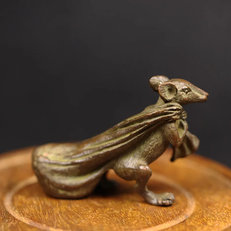 Antique Copper Big Mouse Figurines Miniatures Chinese Feng Shui Ornament Desk Decoration Crafts Animal Rat Pull Money Bag Statue