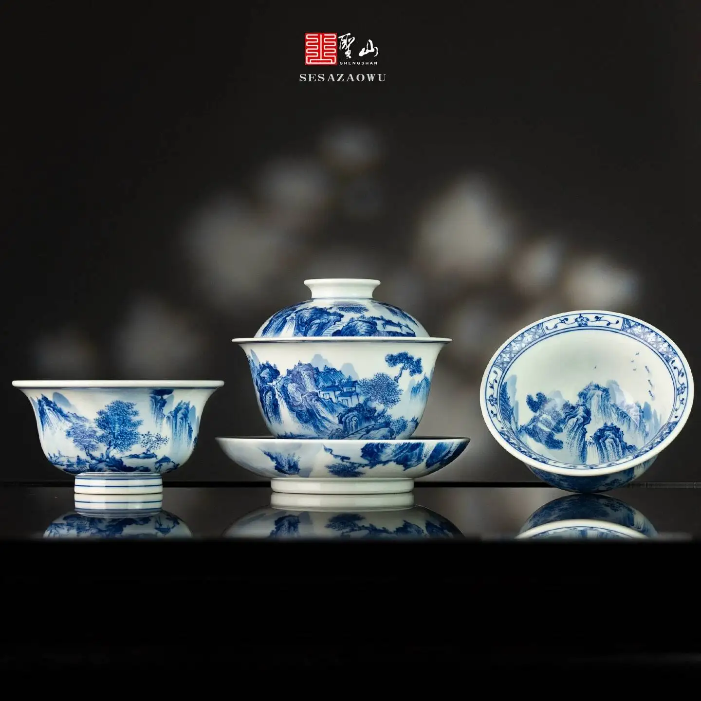 Antique-Style Blue And White Landscape Hand-Painted Six-Sided Jingdezhen Ceramic Set With Bowl, Cup, Three-Piece Lid Bowl For