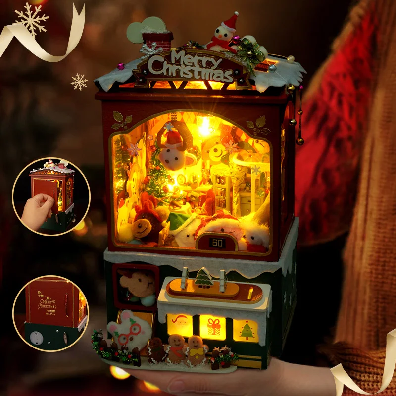 Diy Wooden Casa Dollhouse Kits Christmas Doll Machine Music Box Miniature Snowman Assembled Doll House For Friend Birthday Gifts