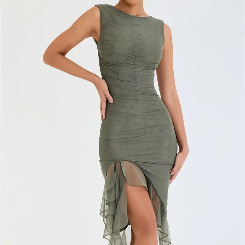 Elegant Women Ruffle Trim Mini Dress Y2k Sleeveless Bodycon Dress Solid Color Backless Mesh Ruffled Party Tank Dress